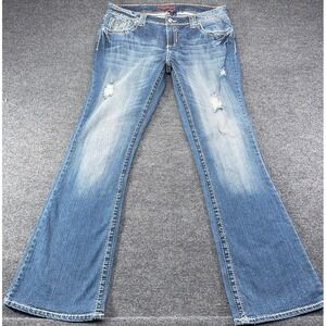 Amethyst Womens Distressed Flare Jeans Blue Medium Wash Stretch Size 13 Y2K